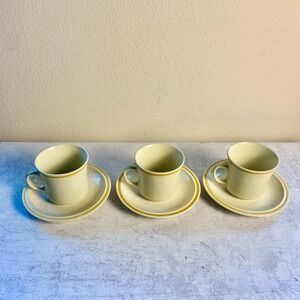 Garden Festival Set of 3 Cup & Saucer Yellow Cream Speckled Stoneware Japan EUC